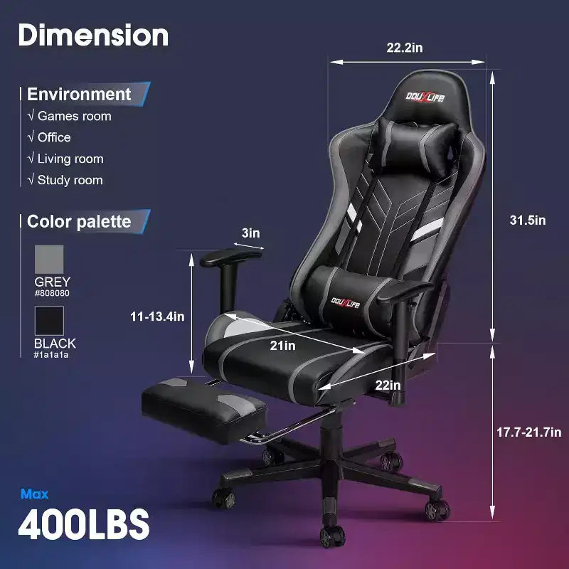 Douxlife Poltrona Gaming Ergonomica Moderna con Massaggio a 7 Punti, Poggiapiedi e Braccioli Regolabili, Nero Grigio