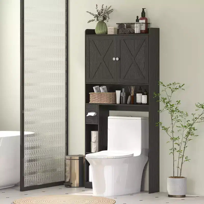 HOMCOM Mobiletto portaoggetti da bagno sopra il WC, mobiletto da bagno in stile rustico con ante scorrevoli e ripiano regolabile, porta rotoli di carta igienica
