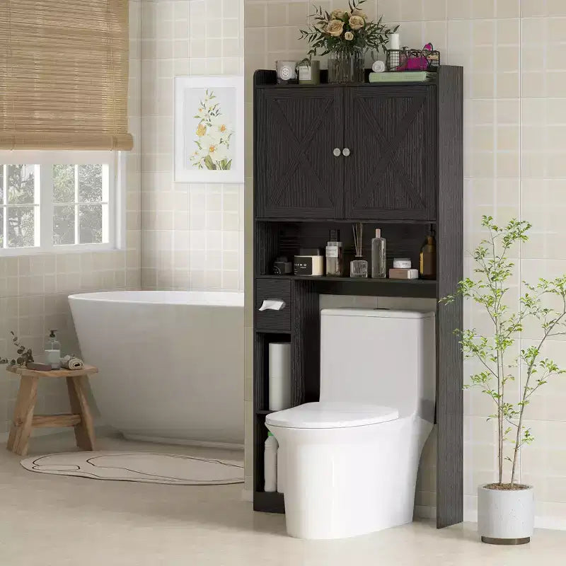 HOMCOM Mobiletto portaoggetti da bagno sopra il WC, mobiletto da bagno in stile rustico con ante scorrevoli e ripiano regolabile, porta rotoli di carta igienica