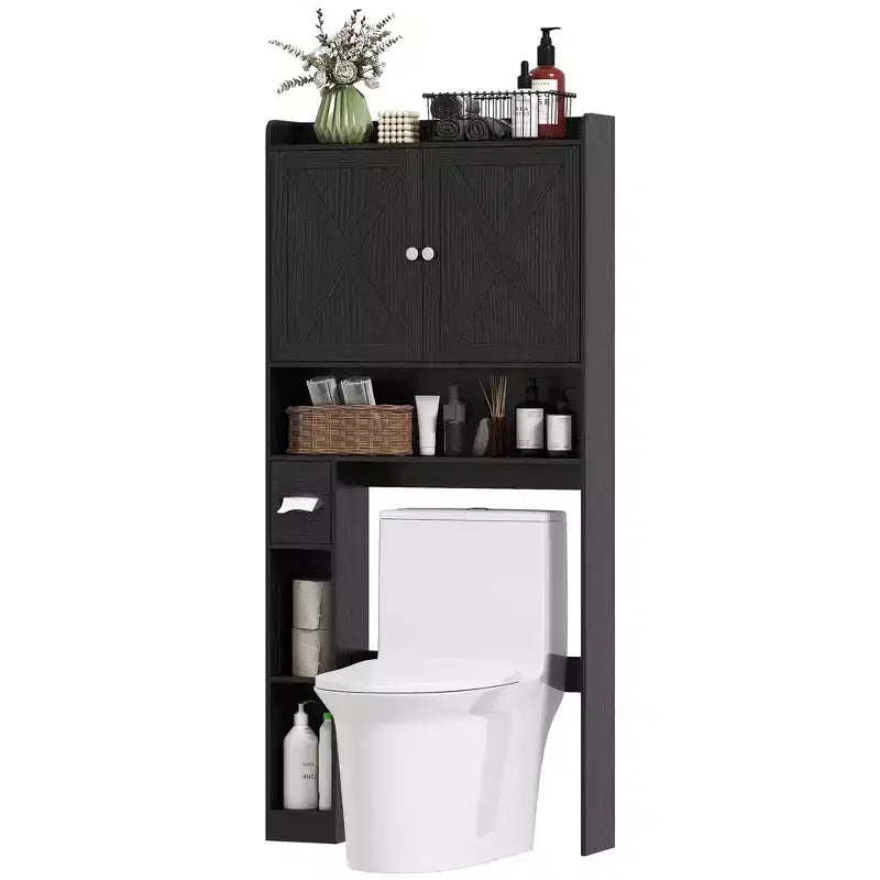 HOMCOM Mobiletto portaoggetti da bagno sopra il WC, mobiletto da bagno in stile rustico con ante scorrevoli e ripiano regolabile, porta rotoli di carta igienica