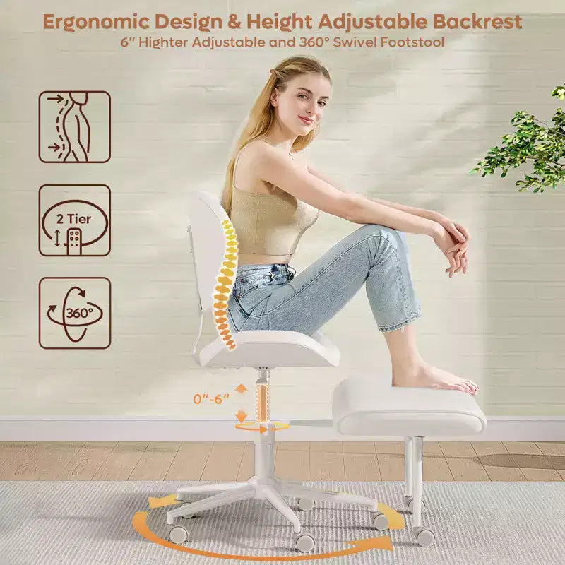 Pinmoco Sedia da ufficio senza braccioli con gambe incrociate, seduta extra larga, design girevole a 360°, sedia ergonomica da scrivania per ufficio, gaming e meditazione