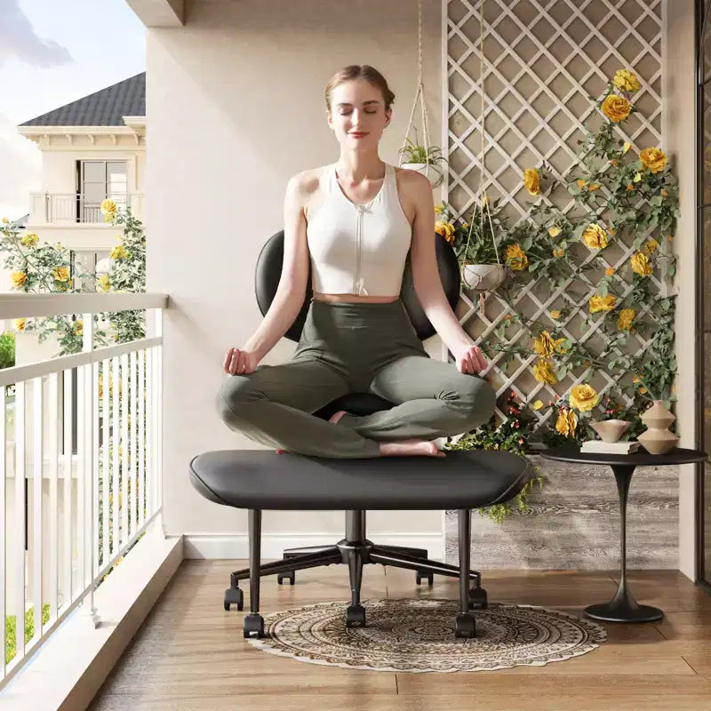 Pinmoco Sedia da ufficio senza braccioli con gambe incrociate, seduta extra larga, design girevole a 360°, sedia ergonomica da scrivania per ufficio, gaming e meditazione