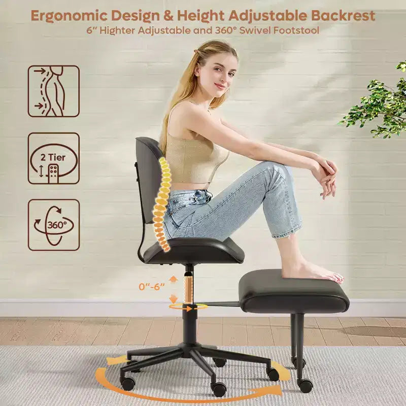 Pinmoco Sedia da ufficio senza braccioli con gambe incrociate, seduta extra larga, design girevole a 360°, sedia ergonomica da scrivania per ufficio, gaming e meditazione
