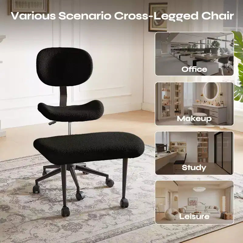 Pinmoco Sedia da ufficio senza braccioli con gambe incrociate, seduta extra larga, design girevole a 360°, sedia ergonomica da scrivania per ufficio, gaming e meditazione