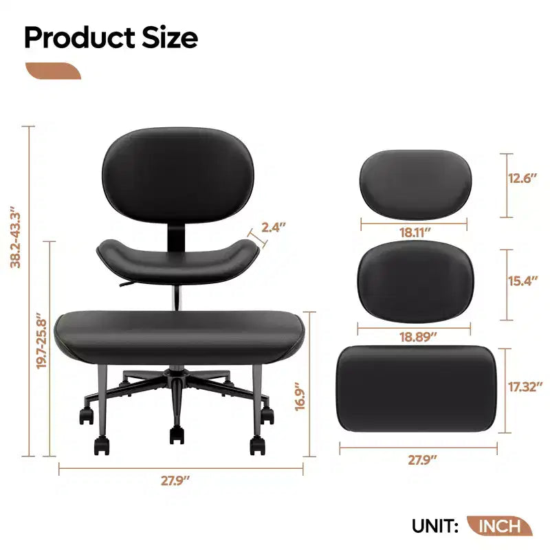 Pinmoco Sedia da ufficio senza braccioli con gambe incrociate, seduta extra larga, design girevole a 360°, sedia ergonomica da scrivania per ufficio, gaming e meditazione