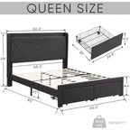 Queen Size Bed Frame with 2 Storage Drawers, Lined Fabric Upholstered Headboard with Charging Station, Storage Shelf, No Box Spring Needed, Beige