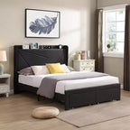 Queen Size Bed Frame with 2 Storage Drawers, Lined Fabric Upholstered Headboard with Charging Station, Storage Shelf, No Box Spring Needed, Beige
