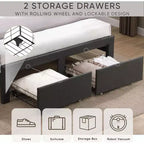 Queen Size Bed Frame with 2 Storage Drawers, Lined Fabric Upholstered Headboard with Charging Station, Storage Shelf, No Box Spring Needed, Beige