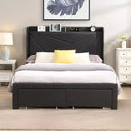 Queen Size Bed Frame with 2 Storage Drawers, Lined Fabric Upholstered Headboard with Charging Station, Storage Shelf, No Box Spring Needed, Beige