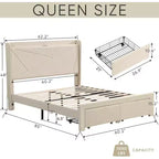 Queen Size Bed Frame with 2 Storage Drawers, Lined Fabric Upholstered Headboard with Charging Station, Storage Shelf, No Box Spring Needed, Beige