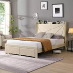 Queen Size Bed Frame with 2 Storage Drawers, Lined Fabric Upholstered Headboard with Charging Station, Storage Shelf, No Box Spring Needed, Beige