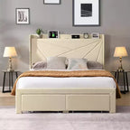 Queen Size Bed Frame with 2 Storage Drawers, Lined Fabric Upholstered Headboard with Charging Station, Storage Shelf, No Box Spring Needed, Beige
