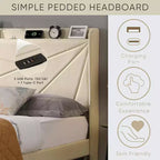 Queen Size Bed Frame with 2 Storage Drawers, Lined Fabric Upholstered Headboard with Charging Station, Storage Shelf, No Box Spring Needed, Beige