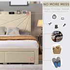 Queen Size Bed Frame with 2 Storage Drawers, Lined Fabric Upholstered Headboard with Charging Station, Storage Shelf, No Box Spring Needed, Beige