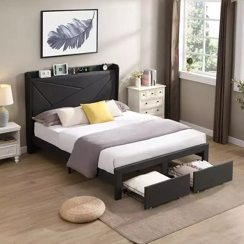 Queen Size Bed Frame with 2 Storage Drawers, Lined Fabric Upholstered Headboard with Charging Station, Storage Shelf, No Box Spring Needed, Beige