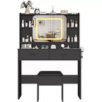 Acekool Dressers Vanity Desk with Sliding Mirror, Touch Lighting, Charging Station, 2 Drawers & Shelves, Stool, Bedroom Makeup Table