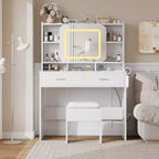 Acekool Dressers Vanity Desk with Sliding Mirror, Touch Lighting, Charging Station, 2 Drawers & Shelves, Stool, Bedroom Makeup Table
