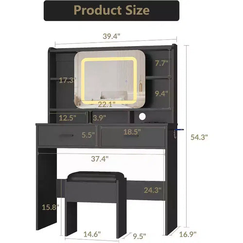 Acekool Dressers Vanity Desk with Sliding Mirror, Touch Lighting, Charging Station, 2 Drawers & Shelves, Stool, Bedroom Makeup Table