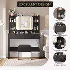 Acekool Dressers Vanity Desk with Sliding Mirror, Touch Lighting, Charging Station, 2 Drawers & Shelves, Stool, Bedroom Makeup Table