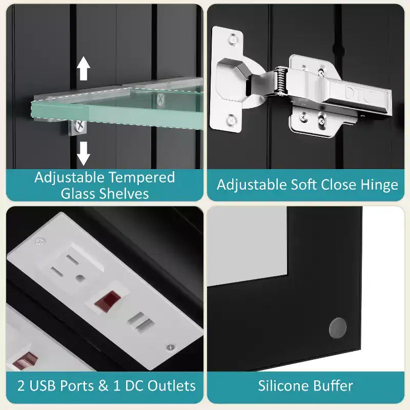 Mobiletto portamedicine grande con specchio e luce, mobiletti portamedicine da bagno a incasso/montaggio, specchio antiappannamento, ripiani regolabili, dimmerabile, nero