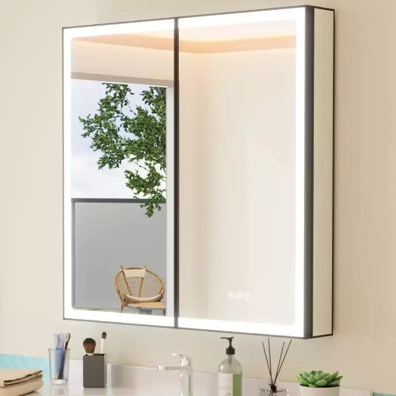 Grand Medicine Cabinet with Mirror and Light, Recessed/Mount Bathroom Medicine Cabinets, Defogger Mirror, Adjustable Shelves, Dimmable, Black