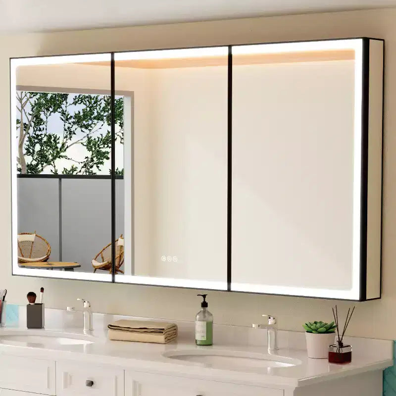 Grand Medicine Cabinet with Mirror and Light, Recessed/Mount Bathroom Medicine Cabinets, Defogger Mirror, Adjustable Shelves, Dimmable, Black
