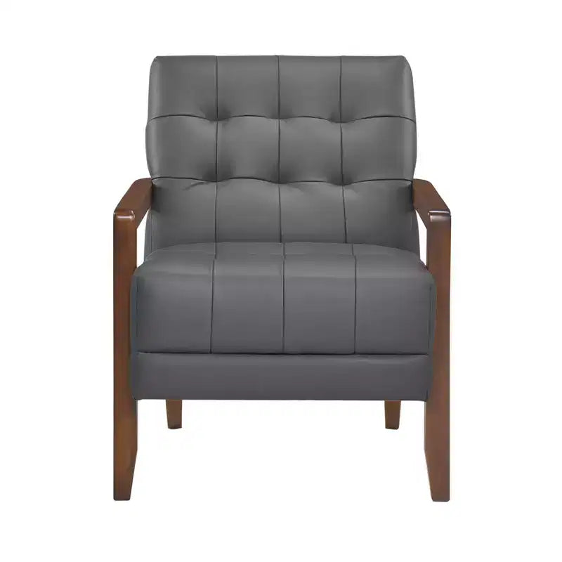 Poltrona Okak Comfy in pelle con accenti, poltrona da salotto contemporanea con cuscino trapuntato imbottito, poltrona in legno con finitura noce