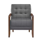 Poltrona Okak Comfy in pelle con accenti, poltrona da salotto contemporanea con cuscino trapuntato imbottito, poltrona in legno con finitura noce