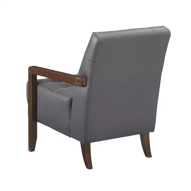 Poltrona Okak Comfy in pelle con accenti, poltrona da salotto contemporanea con cuscino trapuntato imbottito, poltrona in legno con finitura noce