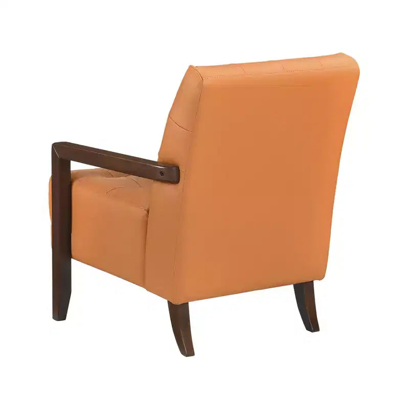 Poltrona Okak Comfy in pelle con accenti, poltrona da salotto contemporanea con cuscino trapuntato imbottito, poltrona in legno con finitura noce