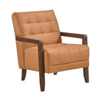 Poltrona Okak Comfy in pelle con accenti, poltrona da salotto contemporanea con cuscino trapuntato imbottito, poltrona in legno con finitura noce