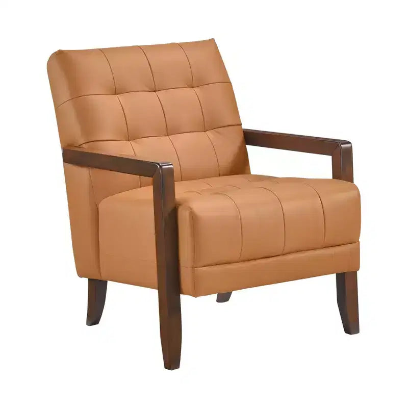 Poltrona Okak Comfy in pelle con accenti, poltrona da salotto contemporanea con cuscino trapuntato imbottito, poltrona in legno con finitura noce