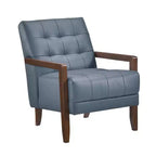 Poltrona Okak Comfy in pelle con accenti, poltrona da salotto contemporanea con cuscino trapuntato imbottito, poltrona in legno con finitura noce