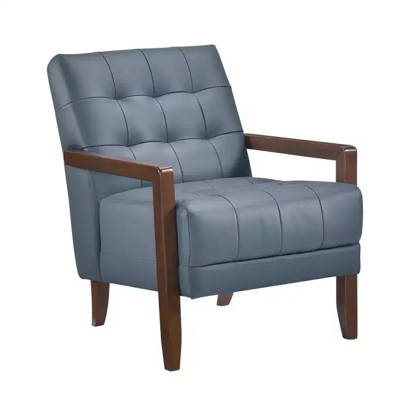 Poltrona Okak Comfy in pelle con accenti, poltrona da salotto contemporanea con cuscino trapuntato imbottito, poltrona in legno con finitura noce