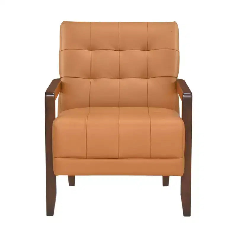 Poltrona Okak Comfy in pelle con accenti, poltrona da salotto contemporanea con cuscino trapuntato imbottito, poltrona in legno con finitura noce