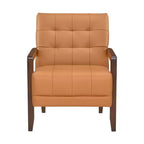 Poltrona Okak Comfy in pelle con accenti, poltrona da salotto contemporanea con cuscino trapuntato imbottito, poltrona in legno con finitura noce