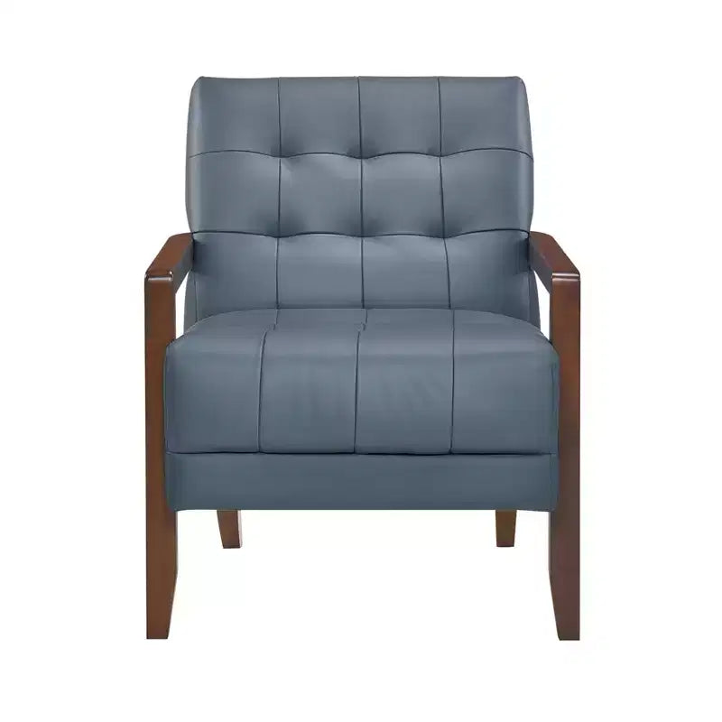 Poltrona Okak Comfy in pelle con accenti, poltrona da salotto contemporanea con cuscino trapuntato imbottito, poltrona in legno con finitura noce
