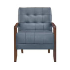 Poltrona Okak Comfy in pelle con accenti, poltrona da salotto contemporanea con cuscino trapuntato imbottito, poltrona in legno con finitura noce