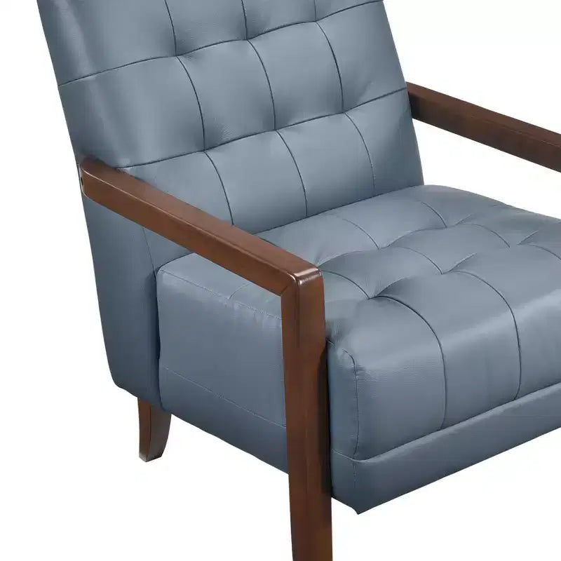Poltrona Okak Comfy in pelle con accenti, poltrona da salotto contemporanea con cuscino trapuntato imbottito, poltrona in legno con finitura noce