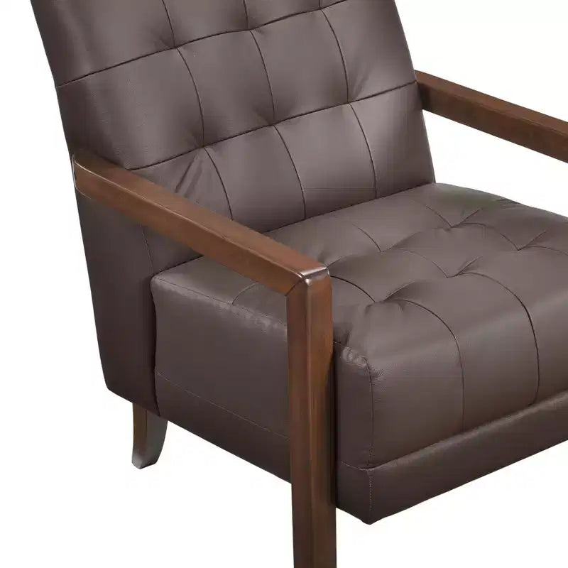 Poltrona Okak Comfy in pelle con accenti, poltrona da salotto contemporanea con cuscino trapuntato imbottito, poltrona in legno con finitura noce