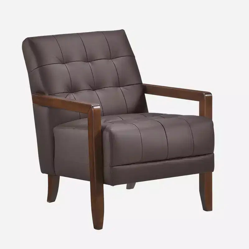 Poltrona Okak Comfy in pelle con accenti, poltrona da salotto contemporanea con cuscino trapuntato imbottito, poltrona in legno con finitura noce
