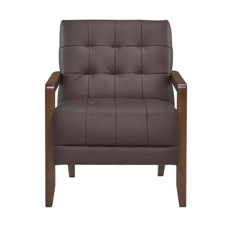 Poltrona Okak Comfy in pelle con accenti, poltrona da salotto contemporanea con cuscino trapuntato imbottito, poltrona in legno con finitura noce