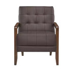 Poltrona Okak Comfy in pelle con accenti, poltrona da salotto contemporanea con cuscino trapuntato imbottito, poltrona in legno con finitura noce