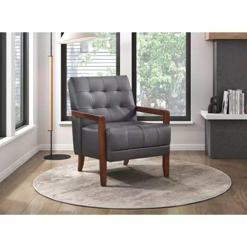 Okak Comfy Leather Accent Chair Contemporary Living Room Chair with Upholstered Tufted Cushion Walnut Finish Wood Armchair