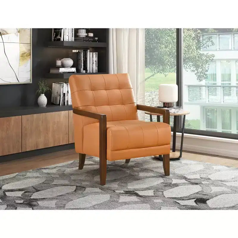 Okak Comfy Leather Accent Chair Contemporary Living Room Chair with Upholstered Tufted Cushion Walnut Finish Wood Armchair