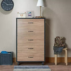 GDFStudio Herty 5 Drawers Wood Dresser with Caster Wheels