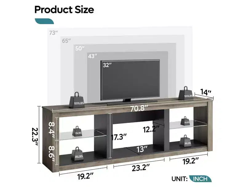 Mobile TV Bestier 71, mobile porta TV moderno per televisori fino a 75 pollici con luce LED, tavolo consolle TV con ripiani portaoggetti per soggiorno