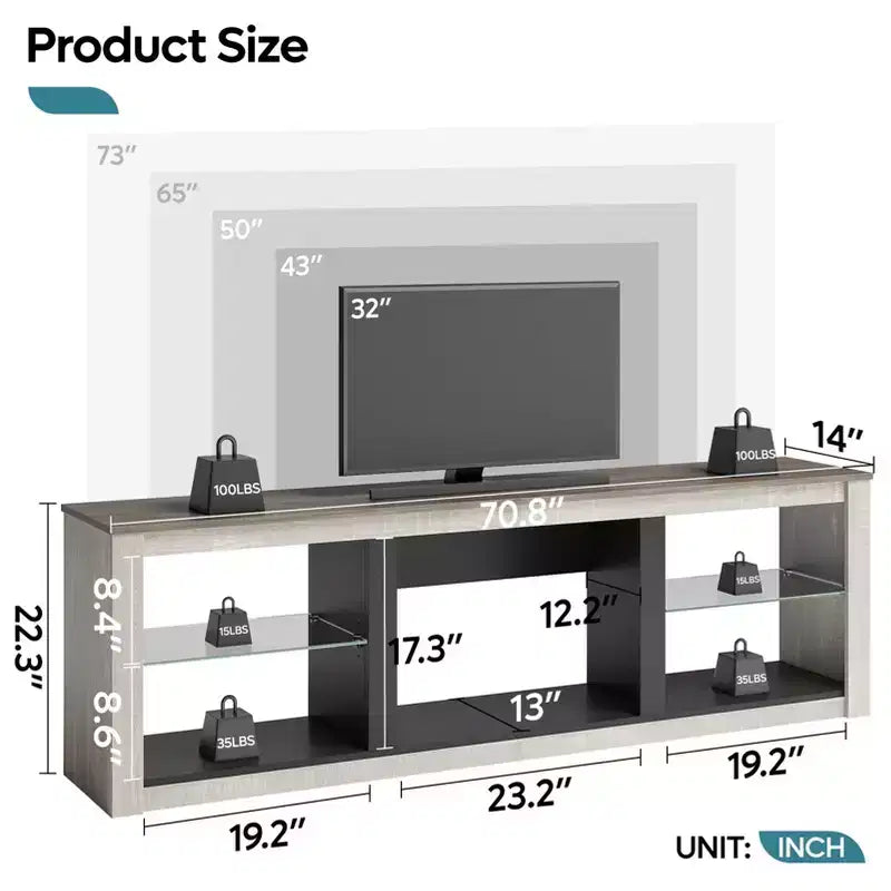 Mobile TV Bestier 71, mobile porta TV moderno per televisori fino a 75 pollici con luce LED, tavolo consolle TV con ripiani portaoggetti per soggiorno