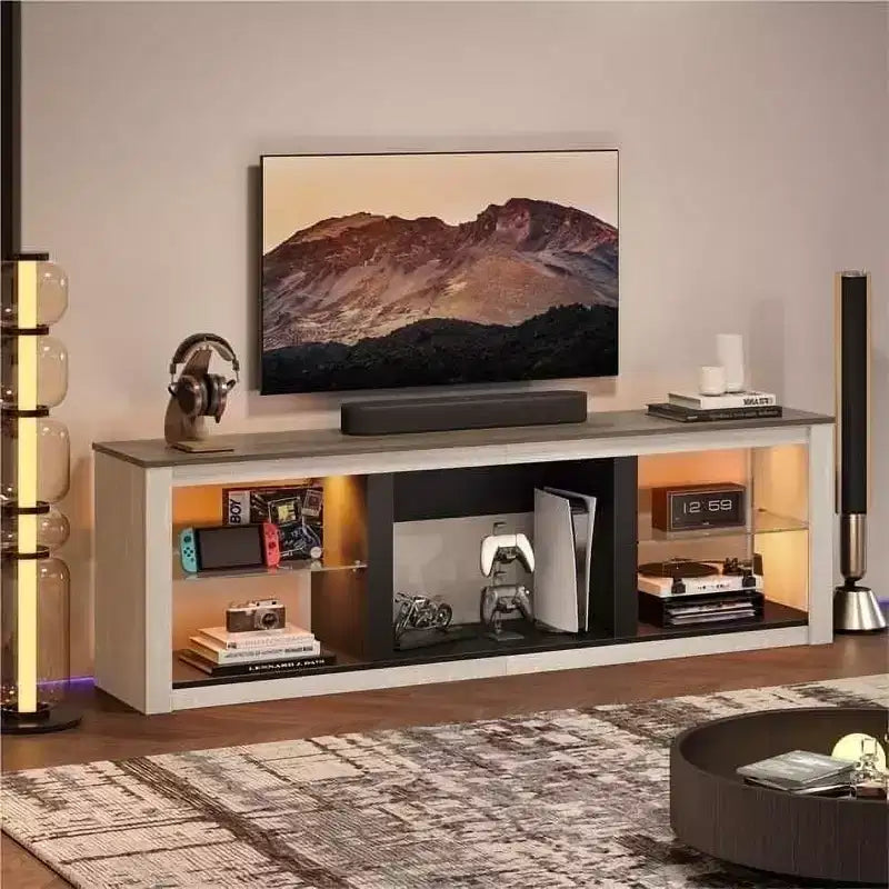 Mobile TV Bestier 71, mobile porta TV moderno per televisori fino a 75 pollici con luce LED, tavolo consolle TV con ripiani portaoggetti per soggiorno