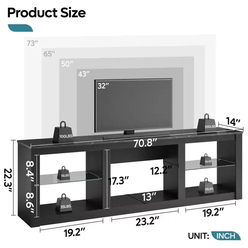 Mobile TV Bestier 71, mobile porta TV moderno per televisori fino a 75 pollici con luce LED, tavolo consolle TV con ripiani portaoggetti per soggiorno